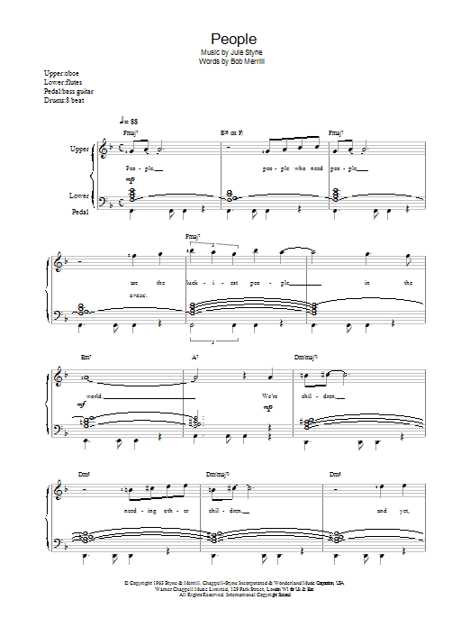 Learn to play Barbra Streisand People sheet music for Piano, Vocal & Guitar (Right-Hand Melody) in minutes. Barbra Streisand People sheet music preview music notes and score for Piano, Vocal & Guitar (Right-Hand Melody) including 4 page(s)