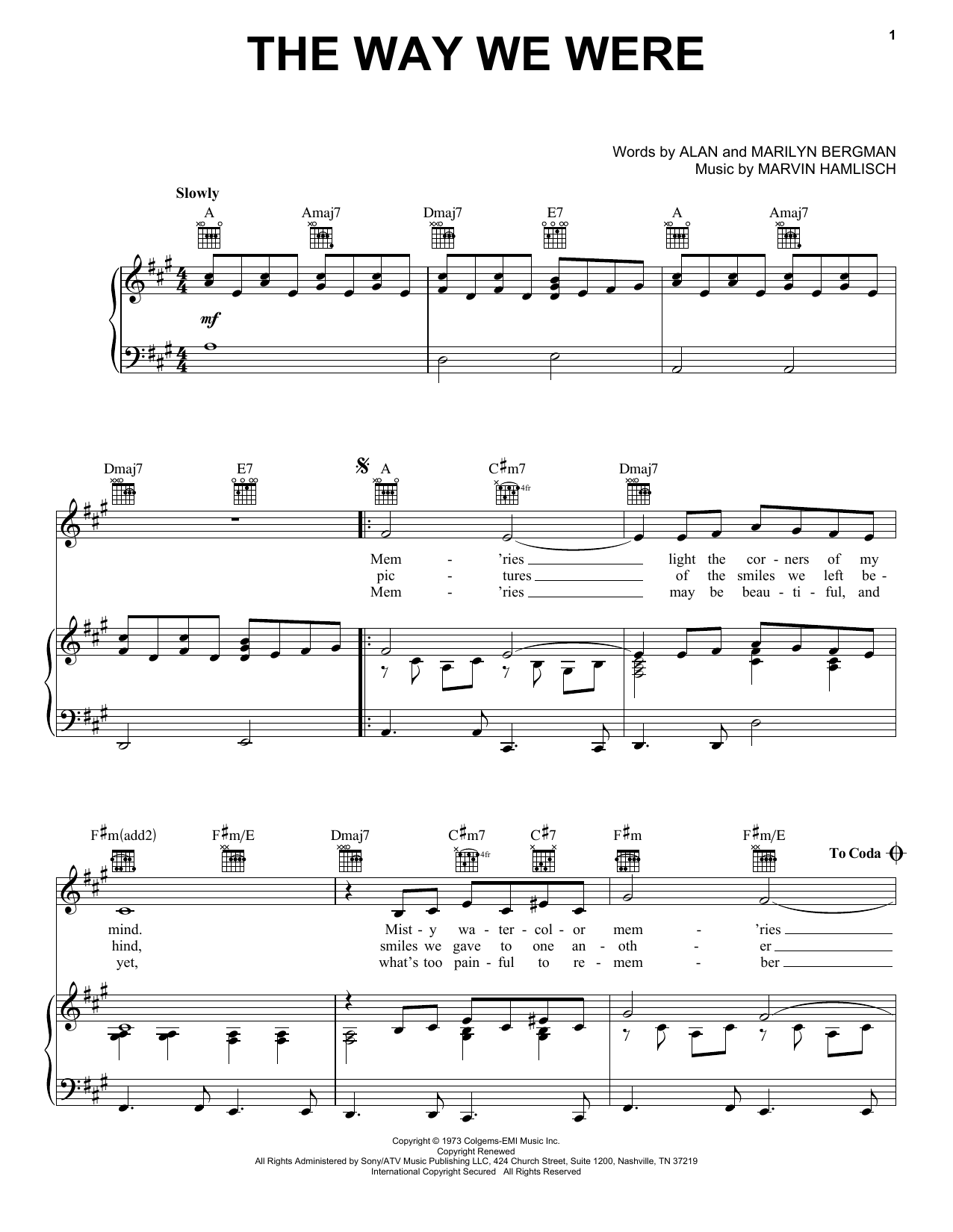 Barbra Streisand The Way We Were sheet music preview music notes and score for Piano, Vocal & Guitar (Right-Hand Melody) including 3 page(s)