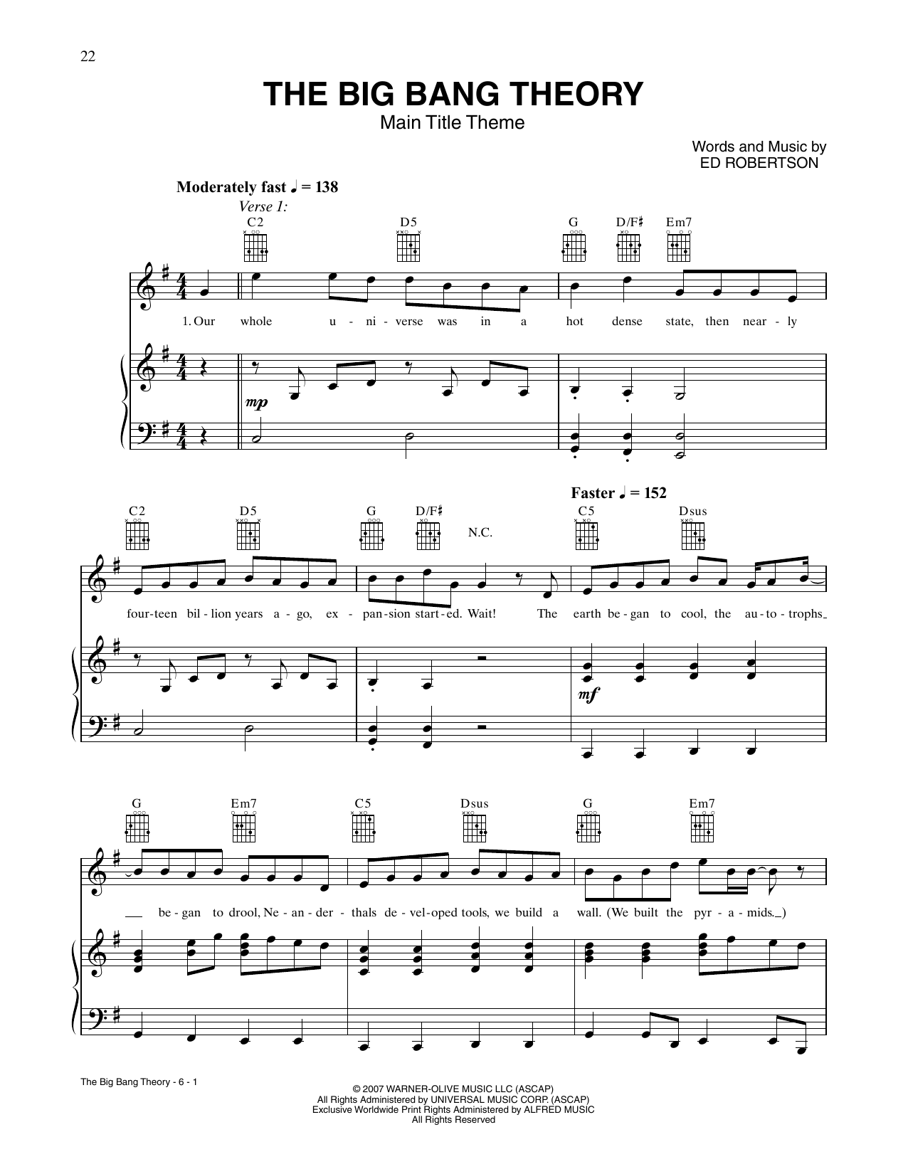 Barenaked Ladies The Big Bang Theory (Main Title Theme) (from The Big Bang Theory) sheet music, chords, lyrics - Printable PDF for Piano, Vocal & Guitar Chords (Right-Hand Melody)