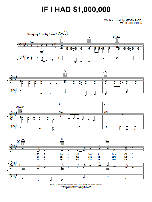 Learn to play Barenaked Ladies If I Had $1,000,000 sheet music for Drums Transcription in minutes. Barenaked Ladies If I Had $1,000,000 sheet music preview music notes and score for Drums Transcription including 1 page(s)