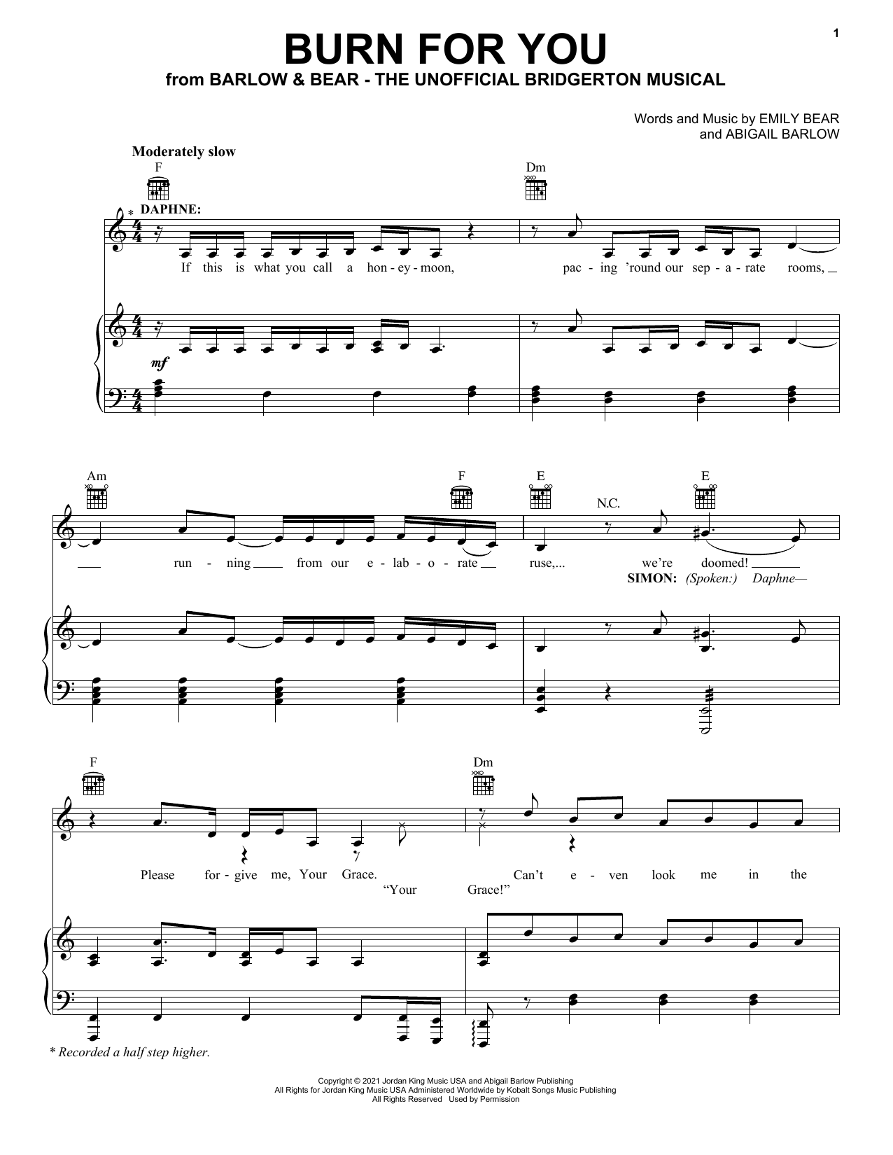 Barlow & Bear Burn For You (from The Unofficial Bridgerton Musical) sheet music, chords, lyrics - Printable PDF for Easy Piano