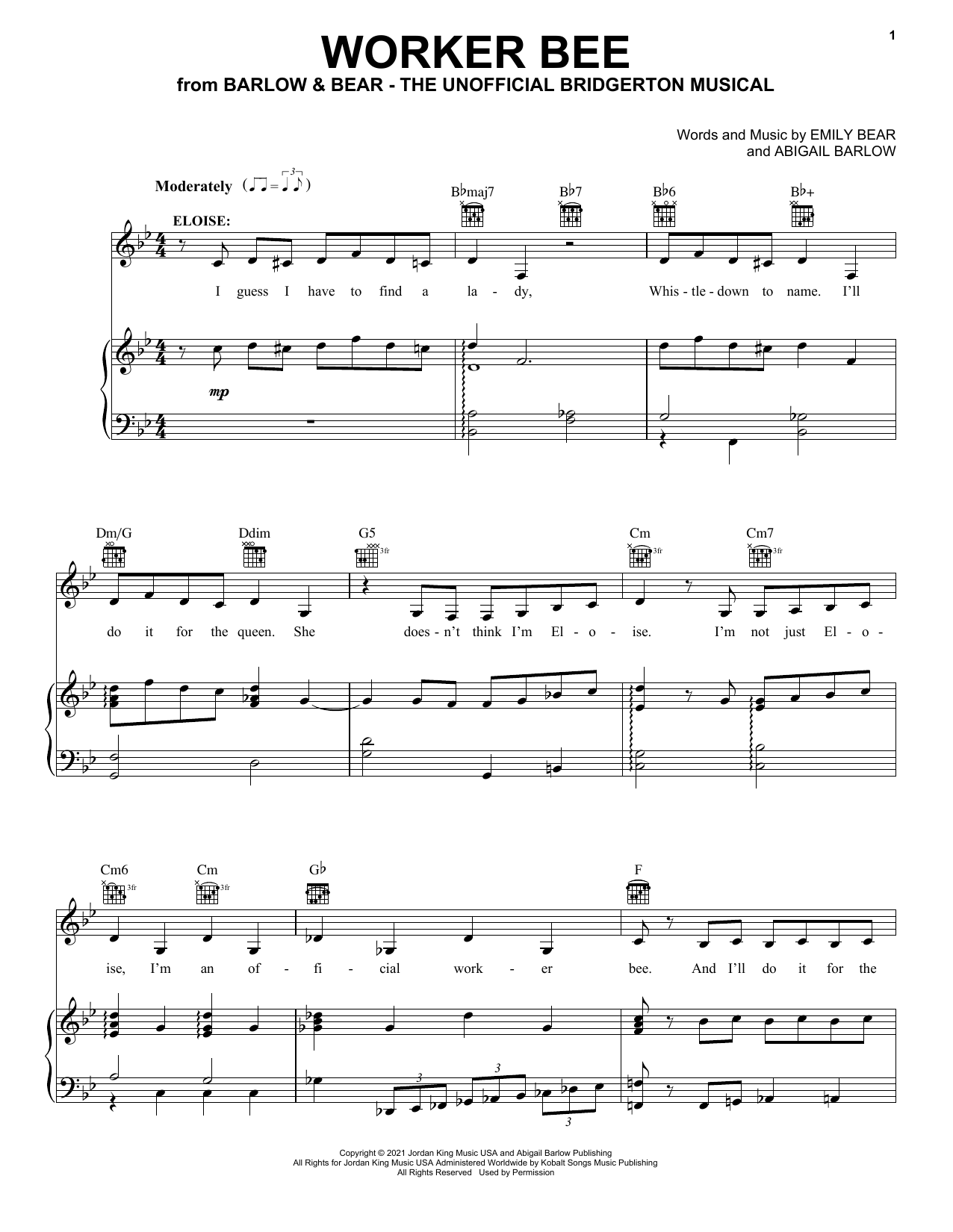 Barlow & Bear Worker Bee (from The Unofficial Bridgerton Musical) sheet music, chords, lyrics - Printable PDF for Piano, Vocal & Guitar Chords (Right-Hand Melody)