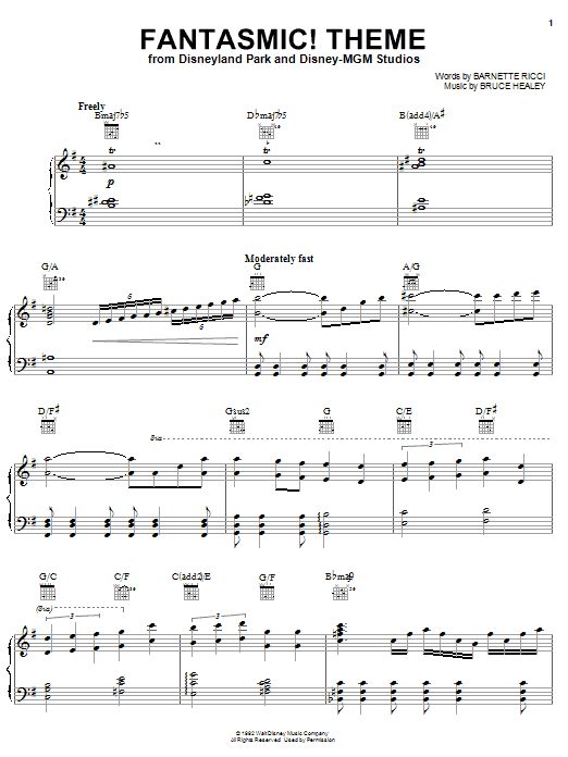 Learn to play Barnette Ricci Fantasmic! Theme (from Disneyland Park and Disney-MGM Studios) sheet music for Piano, Vocal & Guitar (Right-Hand Melody) in minutes. Barnette Ricci Fantasmic! Theme (from Disneyland Park and Disney-MGM Studios) sheet music notes and chords
