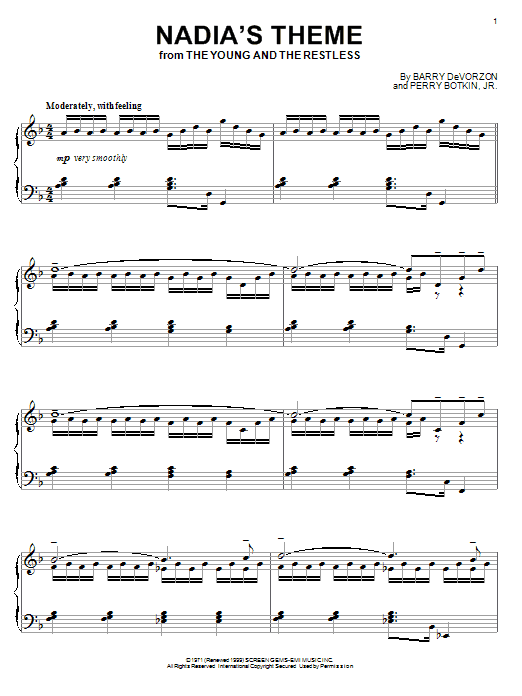 Barry DeVorzon & Perry Botkin Jr. Nadia's Theme sheet music, chords, lyrics - Printable PDF for Piano
