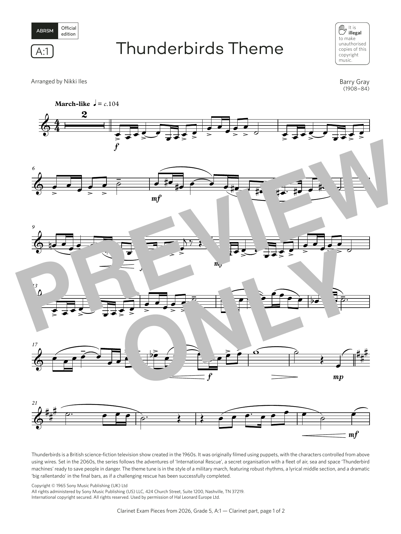Barry Gray Thunderbirds Theme (Grade 5, list A1, from the ABRSM Clarinet Syllabus from 2026) sheet music, chords, lyrics - Printable PDF for Clarinet Solo