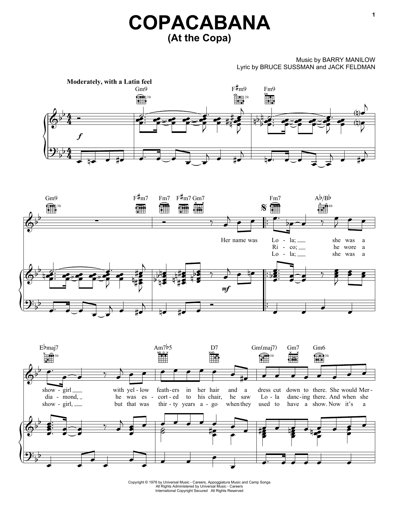 Download Barry Manilow Copacabana (At The Copa) sheet music notes and chords for Piano, Vocal & Guitar (Right-Hand Melody) - Download Printable PDF and start playing in minutes.