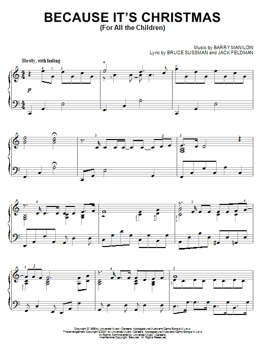 Learn to play Barry Manilow Because It's Christmas (For All The Children) sheet music for Piano, Vocal & Guitar (Right-Hand Melody) in minutes. Barry Manilow Because It's Christmas (For All The Children) sheet music notes and chords