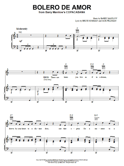Barry Manilow Bolero De Amor sheet music preview music notes and score for Piano, Vocal & Guitar (Right-Hand Melody) including 4 page(s)
