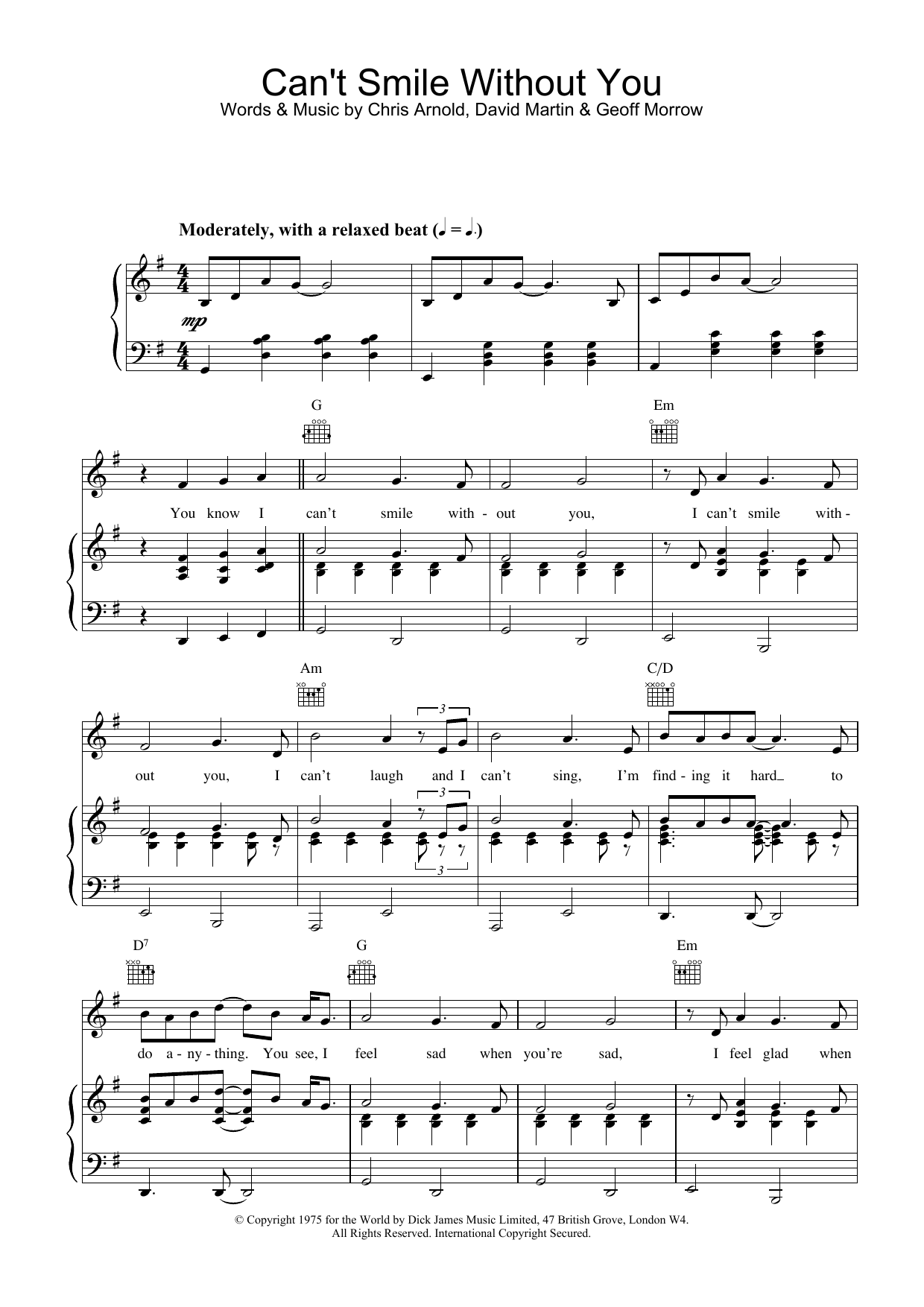 Barry Manilow Can't Smile Without You sheet music preview music notes and score for Piano, Vocal & Guitar (Right-Hand Melody) including 5 page(s)