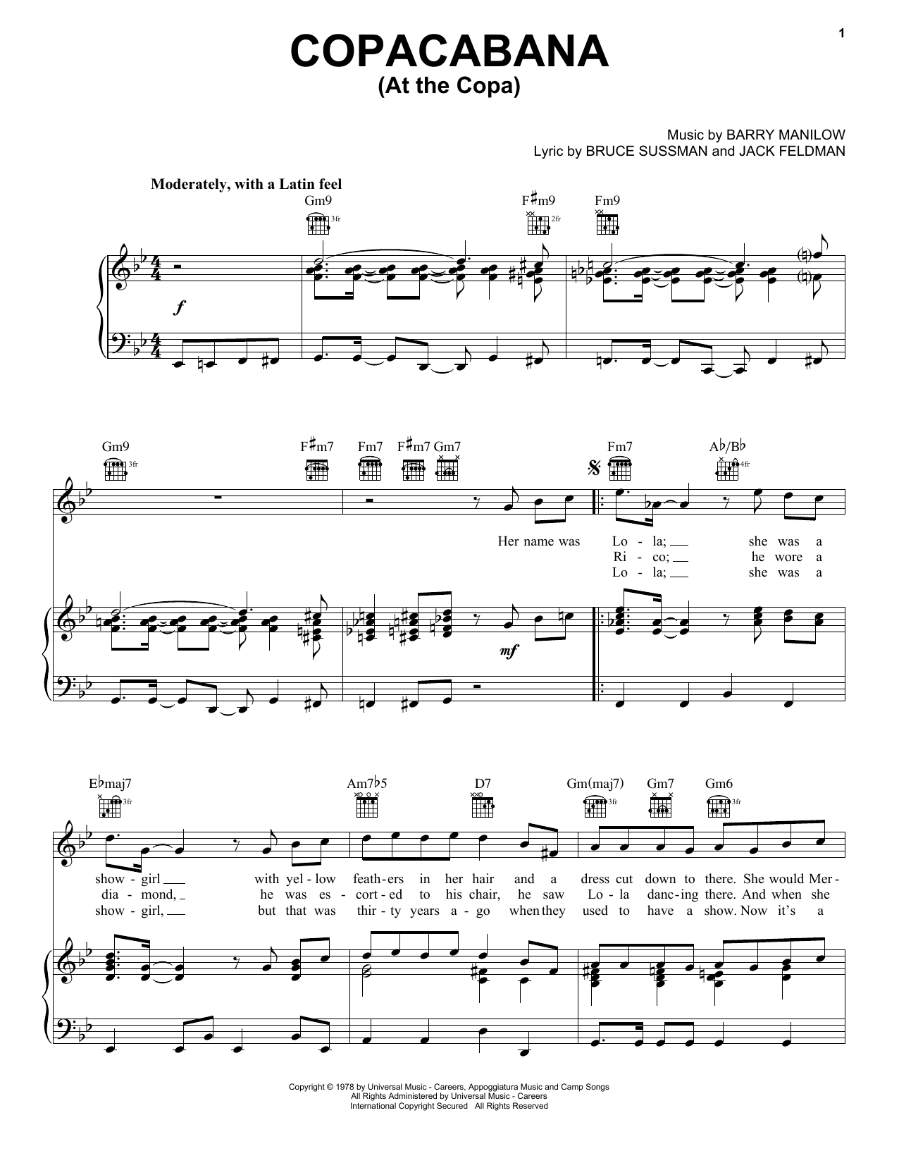 Learn to play Barry Manilow Copacabana (At The Copa) sheet music for Piano, Vocal & Guitar (Right-Hand Melody) in minutes. Barry Manilow Copacabana (At The Copa) sheet music notes and chords