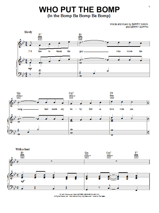Learn to play Barry Mann Who Put The Bomp (In The Bomp Ba Bomp Ba Bomp) sheet music for Piano, Vocal & Guitar (Right-Hand Melody) in minutes. Barry Mann Who Put The Bomp (In The Bomp Ba Bomp Ba Bomp) sheet music notes and chords
