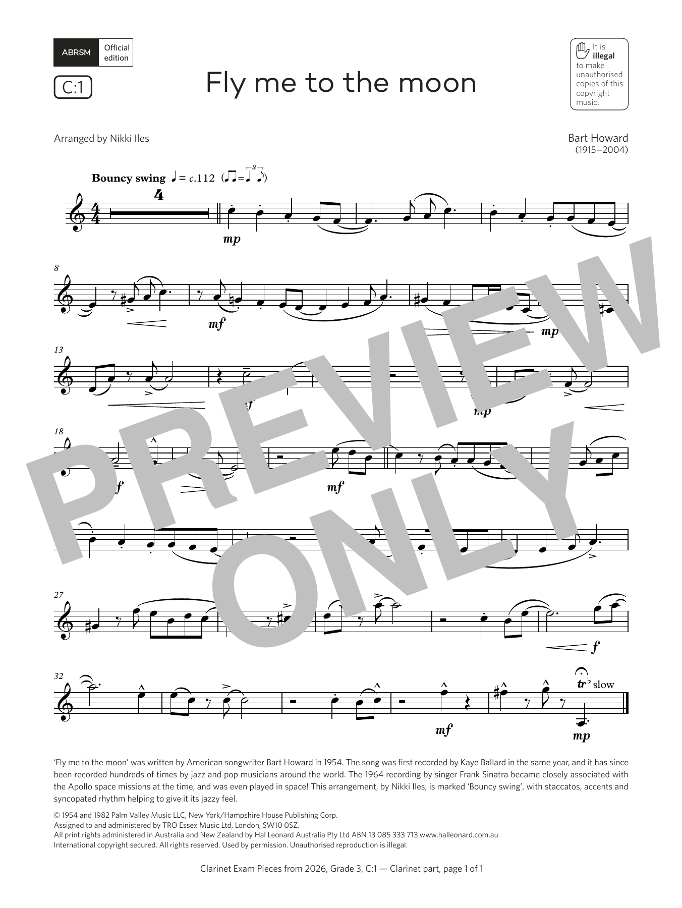 Bart Howard Fly me to the moon (Grade 3, list C1, from the ABRSM Clarinet Syllabus from 2026) sheet music, chords, lyrics - Printable PDF for Clarinet Solo