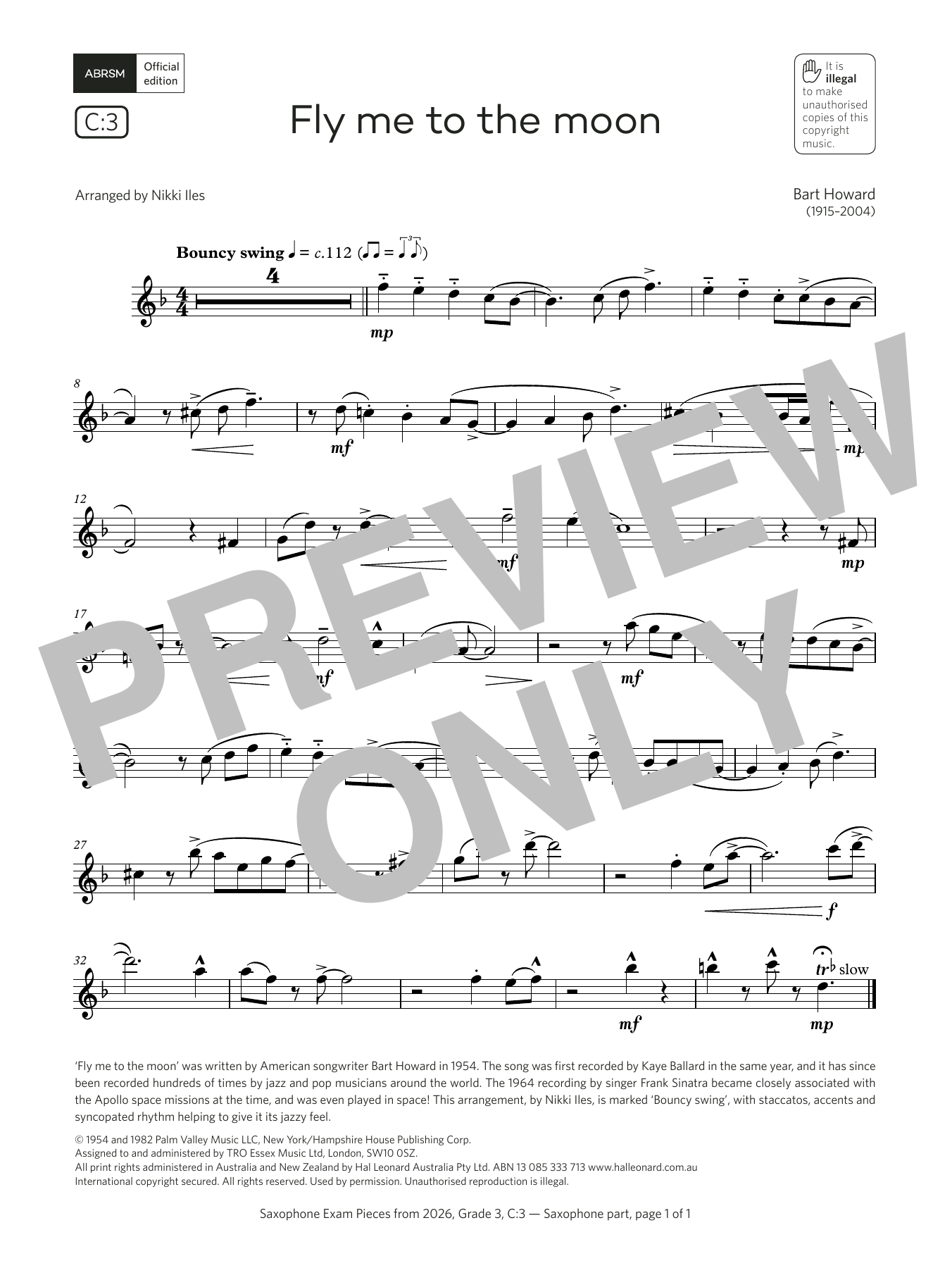Bart Howard Fly me to the moon (Grade 3, list C3, from the ABRSM Saxophone Syllabus from 2026) sheet music, chords, lyrics - Printable PDF for Alto Sax Solo