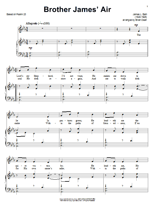 Learn to play James L. Bain Brother James' Air sheet music for Piano, Vocal & Guitar (Right-Hand Melody) in minutes. James L. Bain Brother James' Air sheet music preview music notes and score for Piano, Vocal & Guitar (Right-Hand Melody) including 5 page(s)