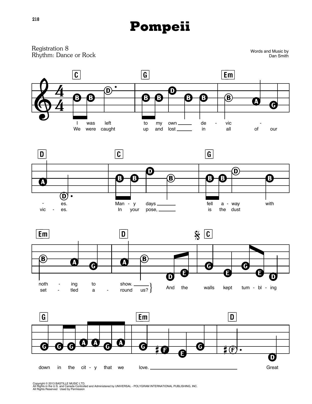 Learn to play Bastille Pompeii sheet music for E-Z Play Today in minutes. Bastille Pompeii sheet music preview music notes and score for E-Z Play Today including 4 page(s)