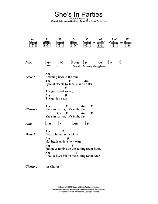 Learn to play Bauhaus She's In Parties sheet music for Lyrics & Chords in minutes. Bauhaus She's In Parties sheet music preview music notes and score for Lyrics & Chords including 2 page(s)