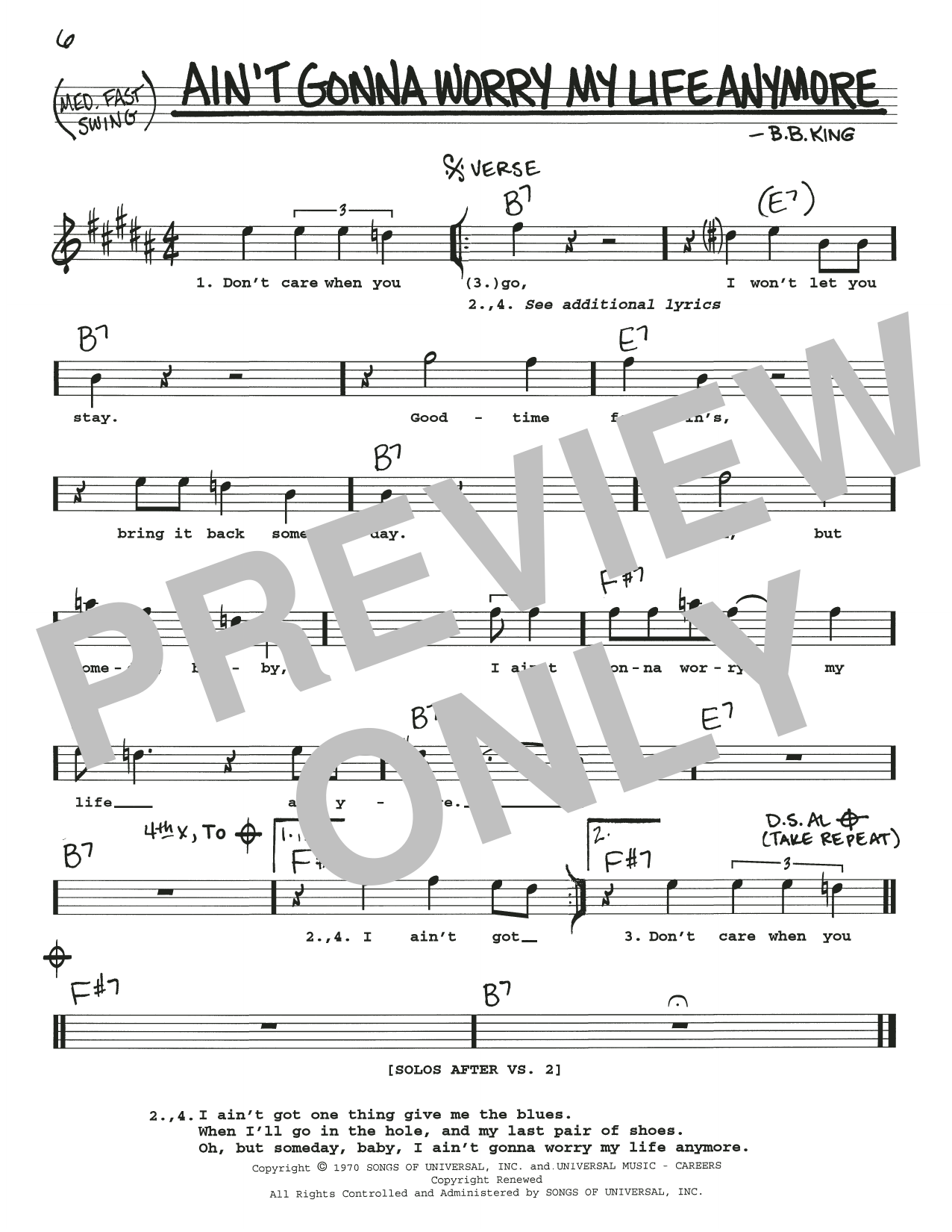 B.B. King Ain't Gonna Worry My Life Anymore sheet music, chords, lyrics - Printable PDF for Real Book – Melody, Lyrics & Chords