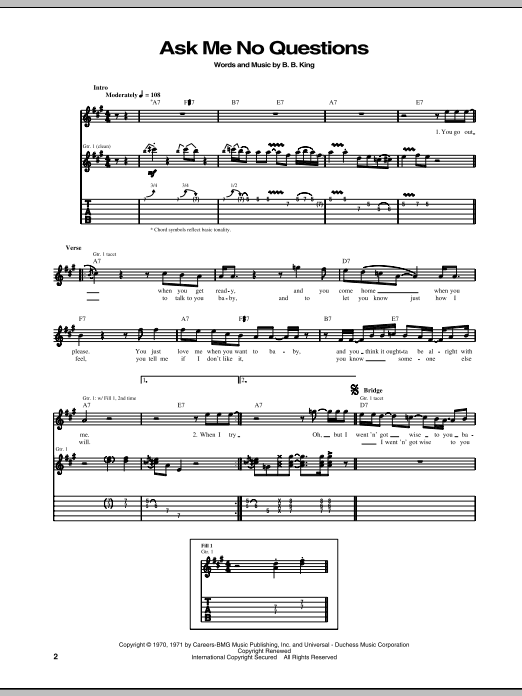 B.B. King Ask Me No Questions sheet music, chords, lyrics - Printable PDF for Guitar Tab