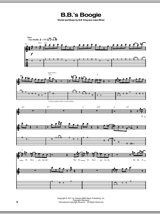 B.B. King B.B.'s Boogie sheet music, chords, lyrics - Printable PDF for Guitar Tab