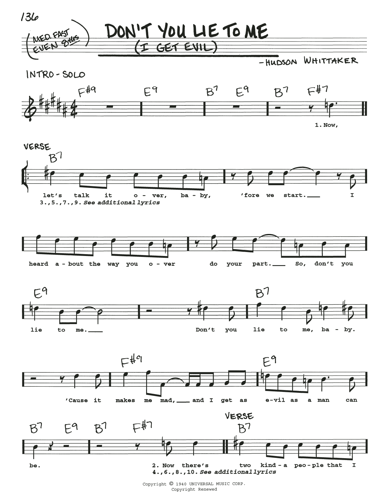 B.B. King Don't You Lie To Me (I Get Evil) sheet music, chords, lyrics - Printable PDF for Real Book – Melody, Lyrics & Chords