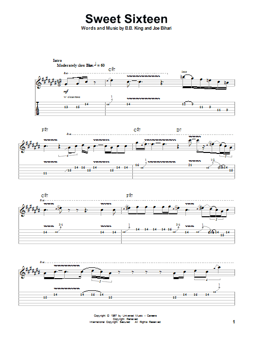 B.B. King Sweet Sixteen sheet music, chords, lyrics - Printable PDF for Guitar Tab