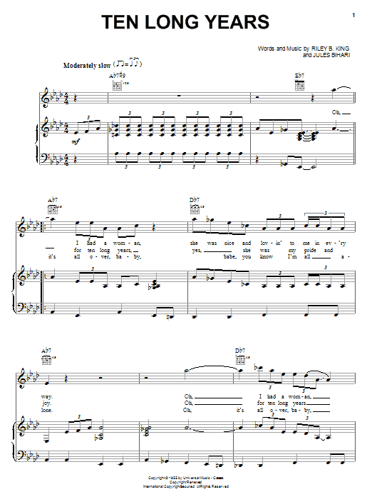 B.B. King Ten Long Years sheet music, chords, lyrics - Printable PDF for Piano, Vocal & Guitar (Right-Hand Melody)