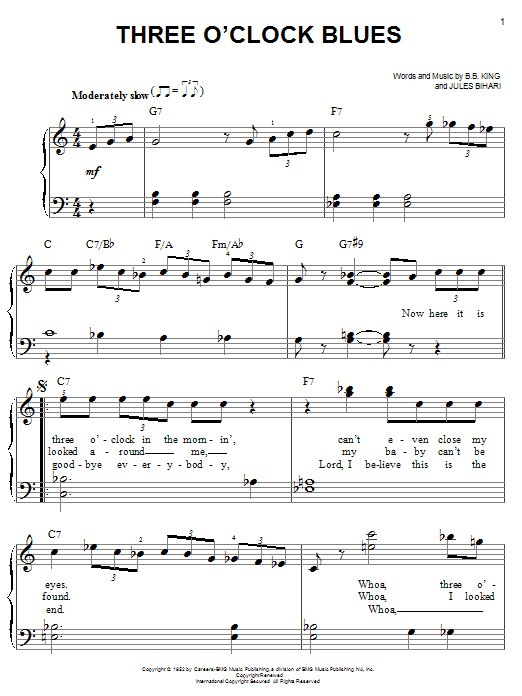 B.B. King Three O'Clock Blues sheet music, chords, lyrics - Printable PDF for Easy Piano