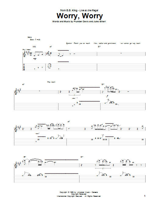 B.B. King Worry, Worry sheet music, chords, lyrics - Printable PDF for Guitar Tab