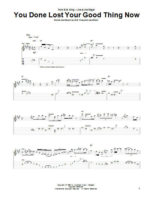 B.B. King You Done Lost Your Good Thing Now sheet music, chords, lyrics - Printable PDF for Guitar Tab