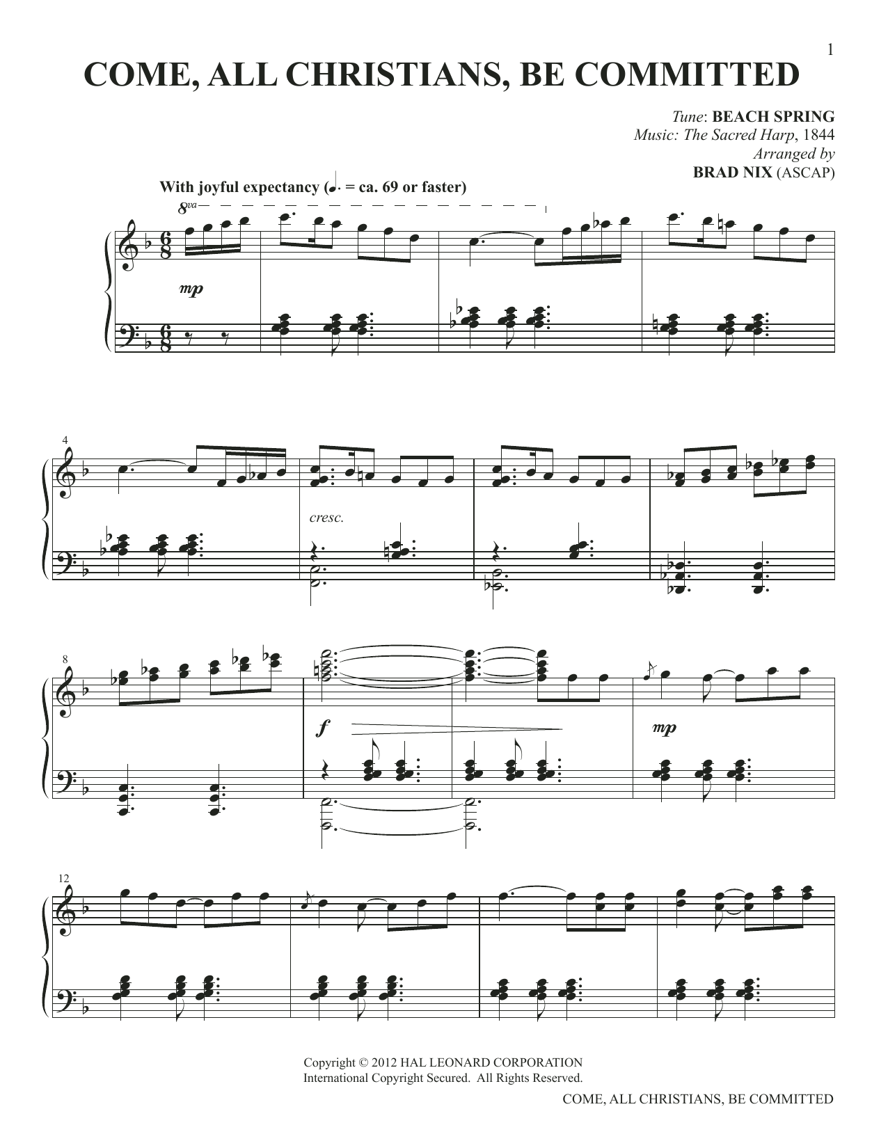 Beach Spring from Sacred Harp Come, All Christians, Be Committed (arr. Brad Nix) sheet music preview music notes and score for Piano Solo including 6 page(s)