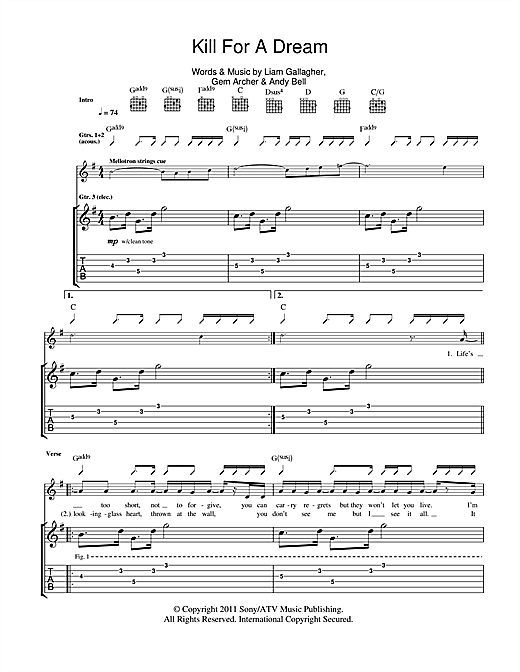 Learn to play Beady Eye Kill For A Dream sheet music for Guitar Tab in minutes. Beady Eye Kill For A Dream sheet music notes and chords