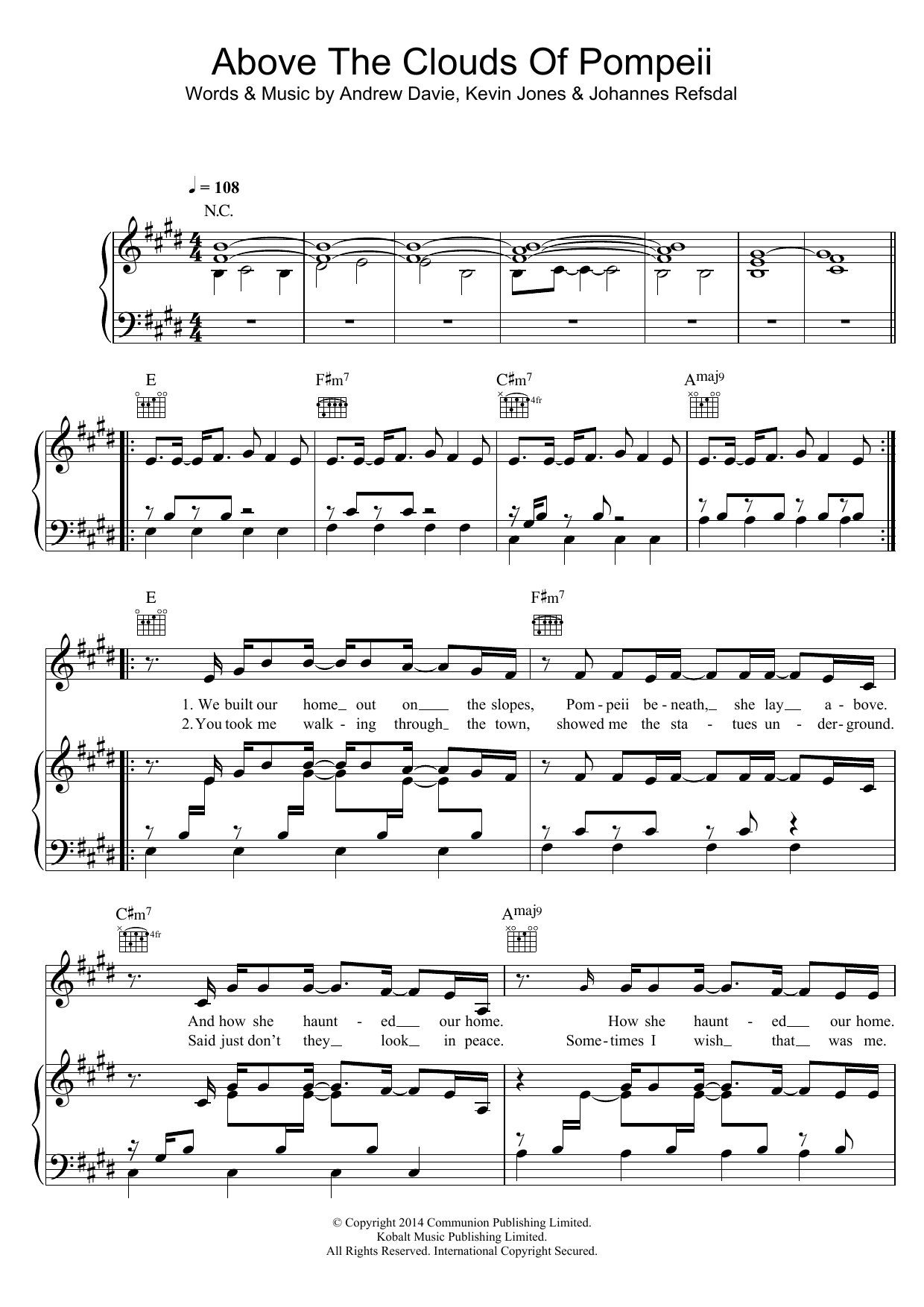 Bear's Den Above The Clouds Of Pompeii sheet music, chords, lyrics - Printable PDF for Piano, Vocal & Guitar (Right-Hand Melody)