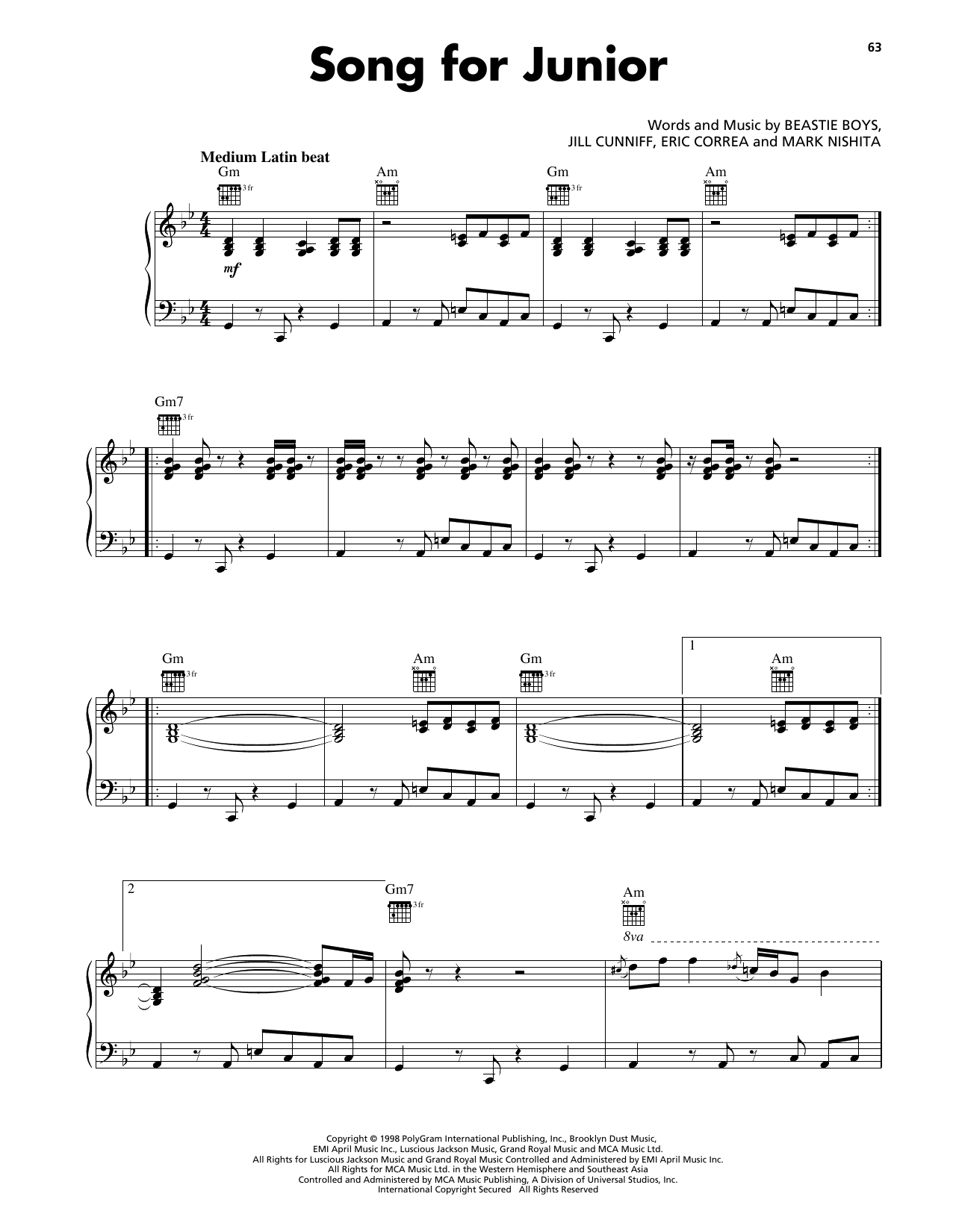 Beastie Boys Song For Junior sheet music, chords, lyrics - Printable PDF for Piano, Vocal & Guitar Chords (Right-Hand Melody)