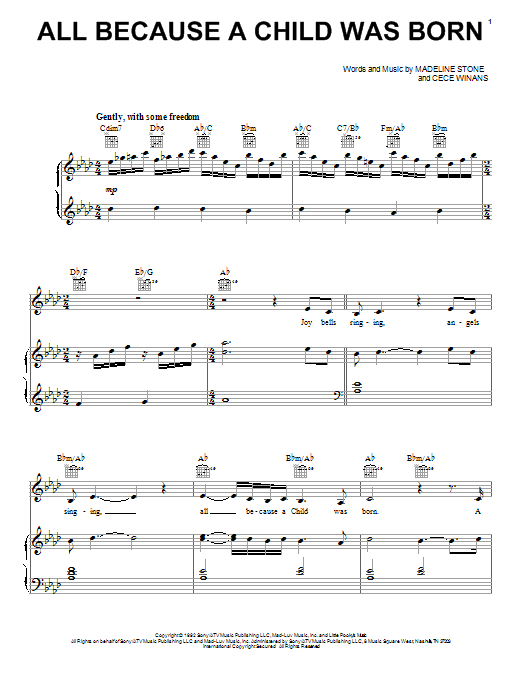 BeBe & CeCe Winans All Because A Child Was Born sheet music, chords, lyrics - Printable PDF for Piano, Vocal & Guitar (Right-Hand Melody)
