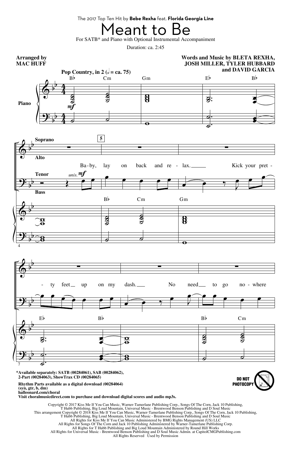 Bebe Rexha Meant To Be (feat. Florida Georgia Line) (arr. Mac Huff) sheet music, chords, lyrics - Printable PDF for SAB Choir