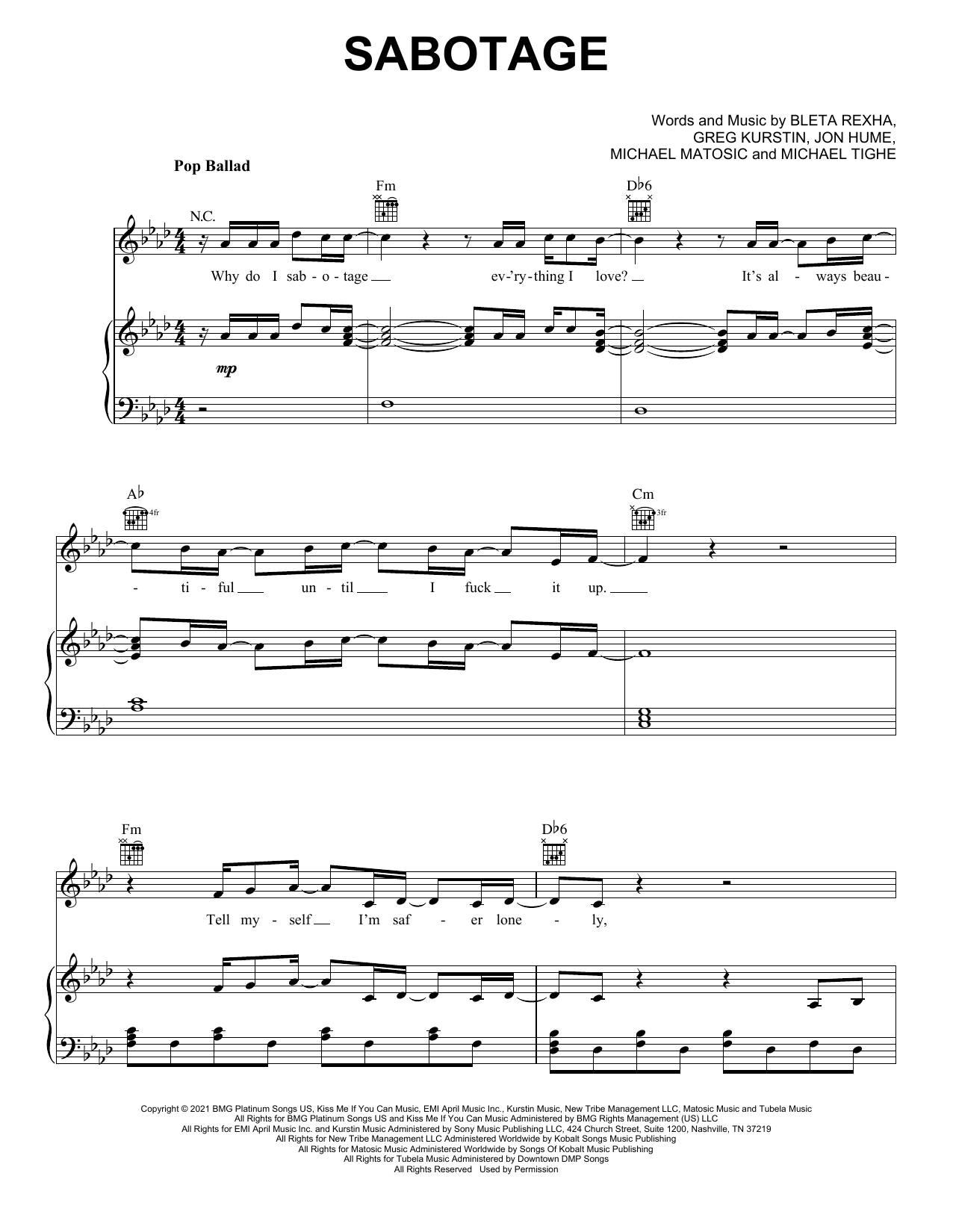 Bebe Rexha Sabotage sheet music, chords, lyrics - Printable PDF for Piano, Vocal & Guitar (Right-Hand Melody)