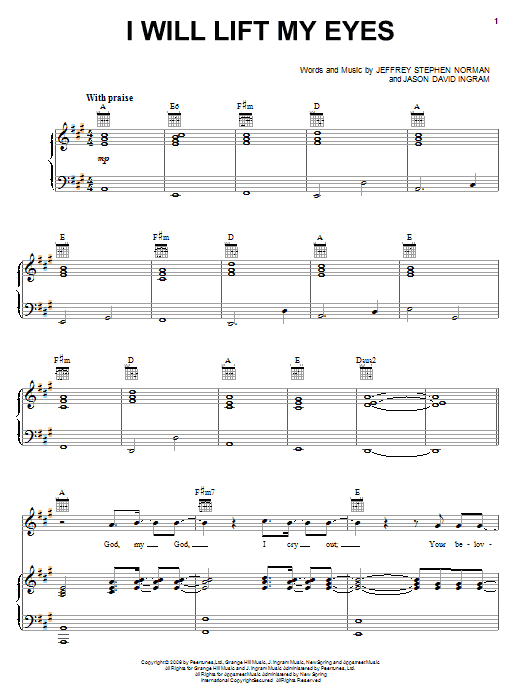 Learn to play Bebo Norman I Will Lift My Eyes sheet music for Piano, Vocal & Guitar (Right-Hand Melody) in minutes. Bebo Norman I Will Lift My Eyes sheet music preview music notes and score for Piano, Vocal & Guitar (Right-Hand Melody) including 8 page(s)