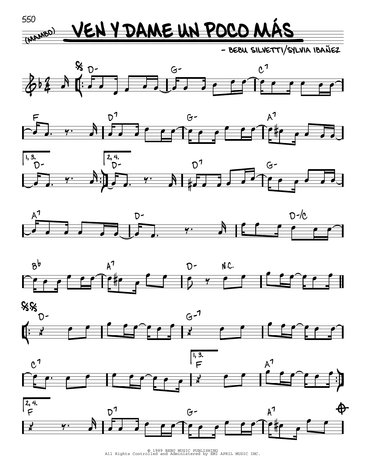Learn to play Bebu Silvetti Ven Y Dame Un Poco Mas sheet music for Real Book – Melody & Chords in minutes. Bebu Silvetti Ven Y Dame Un Poco Mas sheet music preview music notes and score for Real Book – Melody & Chords including 2 page(s)