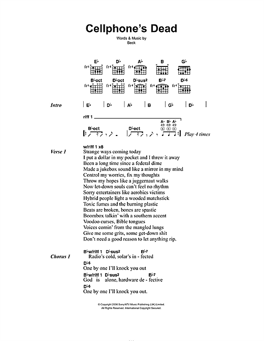 Beck Cellphone's Dead sheet music, chords, lyrics - Printable PDF for Lyrics & Chords