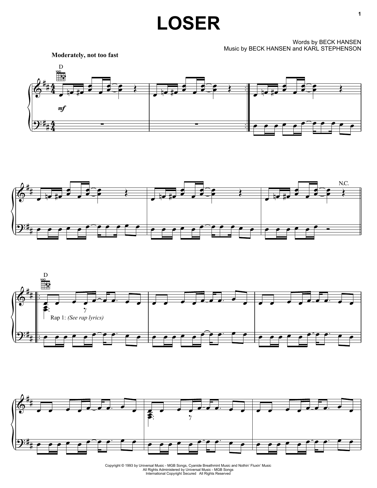 Learn to play Beck Loser sheet music for Piano, Vocal & Guitar (Right-Hand Melody) in minutes. Beck Loser sheet music notes and chords