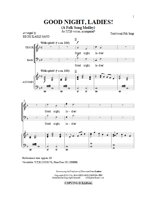 Becki Slagle Mayo Good Night, Ladies! (A Folk Song Medley) sheet music, chords, lyrics - Printable PDF for TTBB