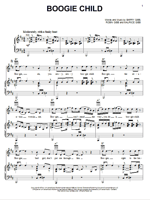 Learn to play Bee Gees Boogie Child sheet music for Piano, Vocal & Guitar (Right-Hand Melody) in minutes. Bee Gees Boogie Child sheet music preview music notes and score for Piano, Vocal & Guitar (Right-Hand Melody) including 6 page(s)