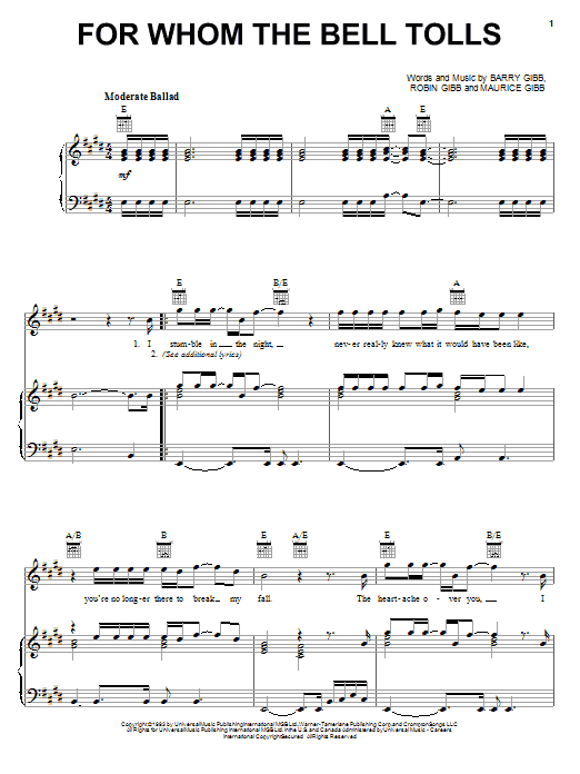 Bee Gees For Whom The Bell Tolls sheet music preview music notes and score for Piano, Vocal & Guitar (Right-Hand Melody) including 5 page(s)