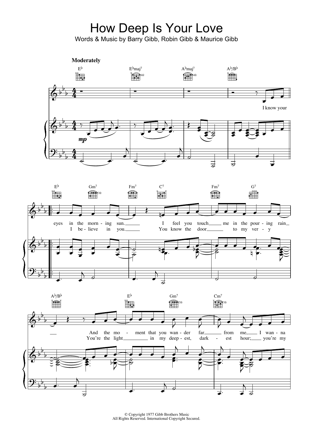 Learn to play Bee Gees How Deep Is Your Love sheet music for Piano, Vocal & Guitar (Right-Hand Melody) in minutes. Bee Gees How Deep Is Your Love sheet music preview music notes and score for Piano, Vocal & Guitar (Right-Hand Melody) including 3 page(s)