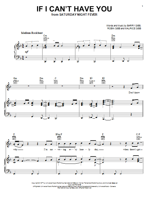Learn to play Bee Gees If I Can't Have You sheet music for Piano, Vocal & Guitar (Right-Hand Melody) in minutes. Bee Gees If I Can't Have You sheet music preview music notes and score for Piano, Vocal & Guitar (Right-Hand Melody) including 4 page(s)