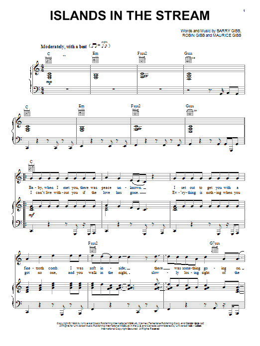 Bee Gees Islands In The Stream sheet music preview music notes and score for Piano, Vocal & Guitar (Right-Hand Melody) including 5 page(s)