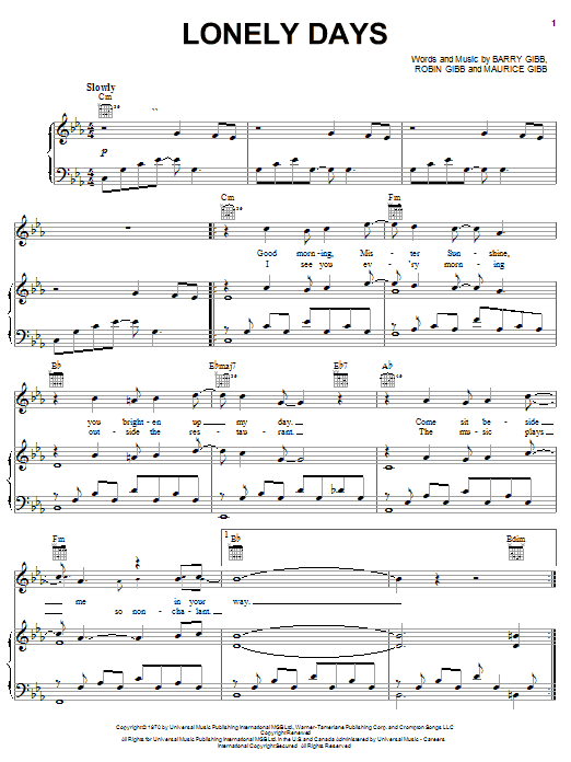Learn to play Bee Gees Lonely Days sheet music for Piano, Vocal & Guitar (Right-Hand Melody) in minutes. Bee Gees Lonely Days sheet music preview music notes and score for Piano, Vocal & Guitar (Right-Hand Melody) including 3 page(s)