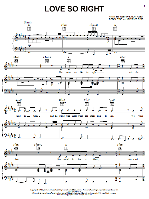 Learn to play Bee Gees Love So Right sheet music for Piano, Vocal & Guitar (Right-Hand Melody) in minutes. Bee Gees Love So Right sheet music preview music notes and score for Piano, Vocal & Guitar (Right-Hand Melody) including 5 page(s)