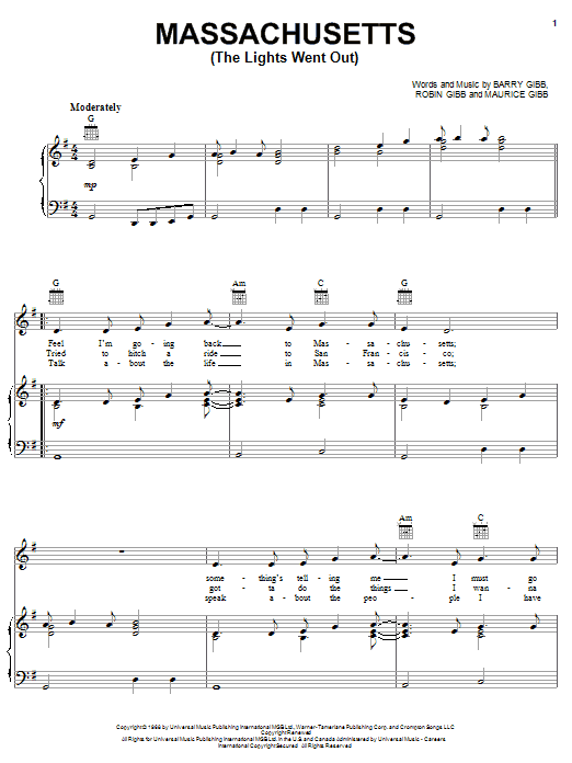 Learn to play Bee Gees Massachusetts (The Lights Went Out) sheet music for Piano, Vocal & Guitar (Right-Hand Melody) in minutes. Bee Gees Massachusetts (The Lights Went Out) sheet music notes and chords