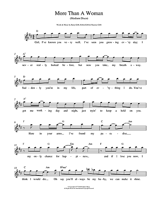 Learn to play Bee Gees More Than A Woman sheet music for Piano, Vocal & Guitar (Right-Hand Melody) in minutes. Bee Gees More Than A Woman sheet music preview music notes and score for Piano, Vocal & Guitar (Right-Hand Melody) including 4 page(s)